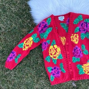 Vintage Picone red floral spring cardigan hand knit  medium petite